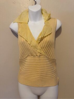 Sleeveless Yellow Ribbed Wrap-Front Blouse with Sheer Collar